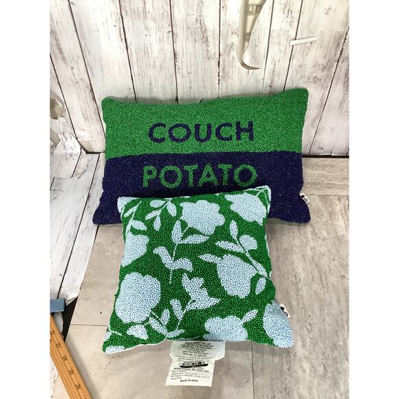 Kate Spade Target Beaded Couch Potato Lumbar Rose Square Throw Pillow Green Navy - Picture 1 of 1